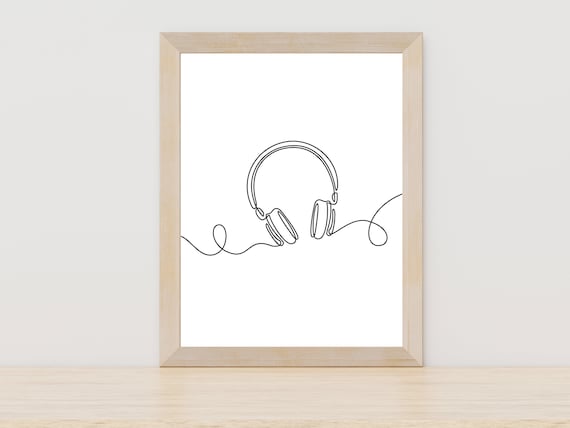 Minimalist Over Ear Headphones Curly Cord One Line Art Poster