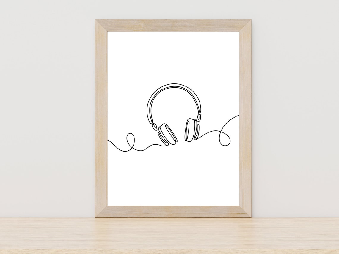 Minimalist Over Ear Headphones Curly Cord One Line Art Poster