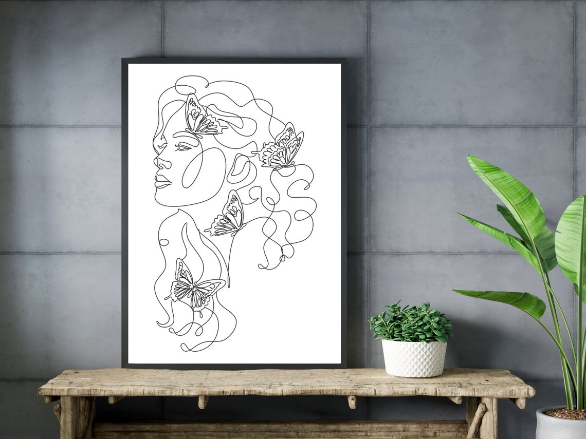 Woman Profile Butterflies Line Art Minimalist Female Face Poster - Image 3
