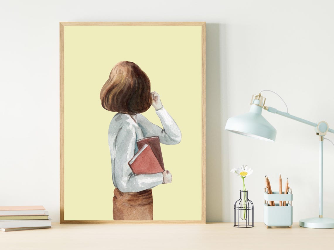Watercolor Woman With Book Back View Soft Yellow Backdrop Poster - Image 3