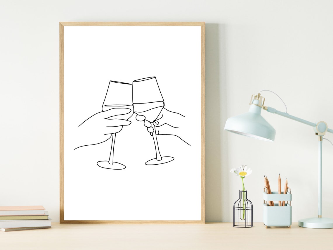 Two Hands Toasting Wine Glasses Single Line Art Cheers Poster - Image 3