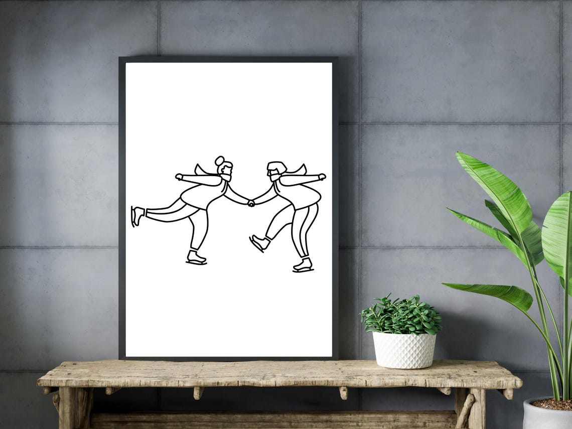 Two Women Ice Skating Together Happy Winter Line Art Sport Poster - Image 3