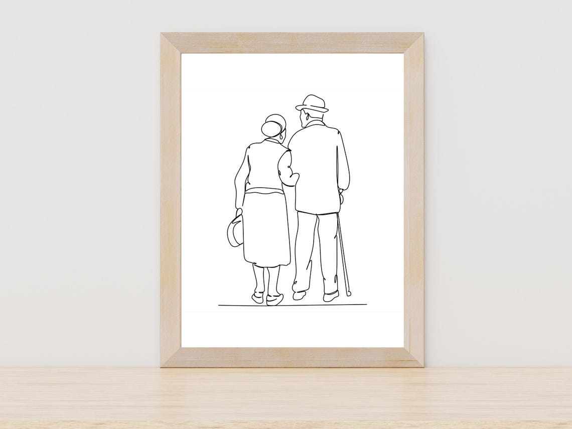 Elderly Couple Walking Arm In Arm Tender Line Art Love Poster