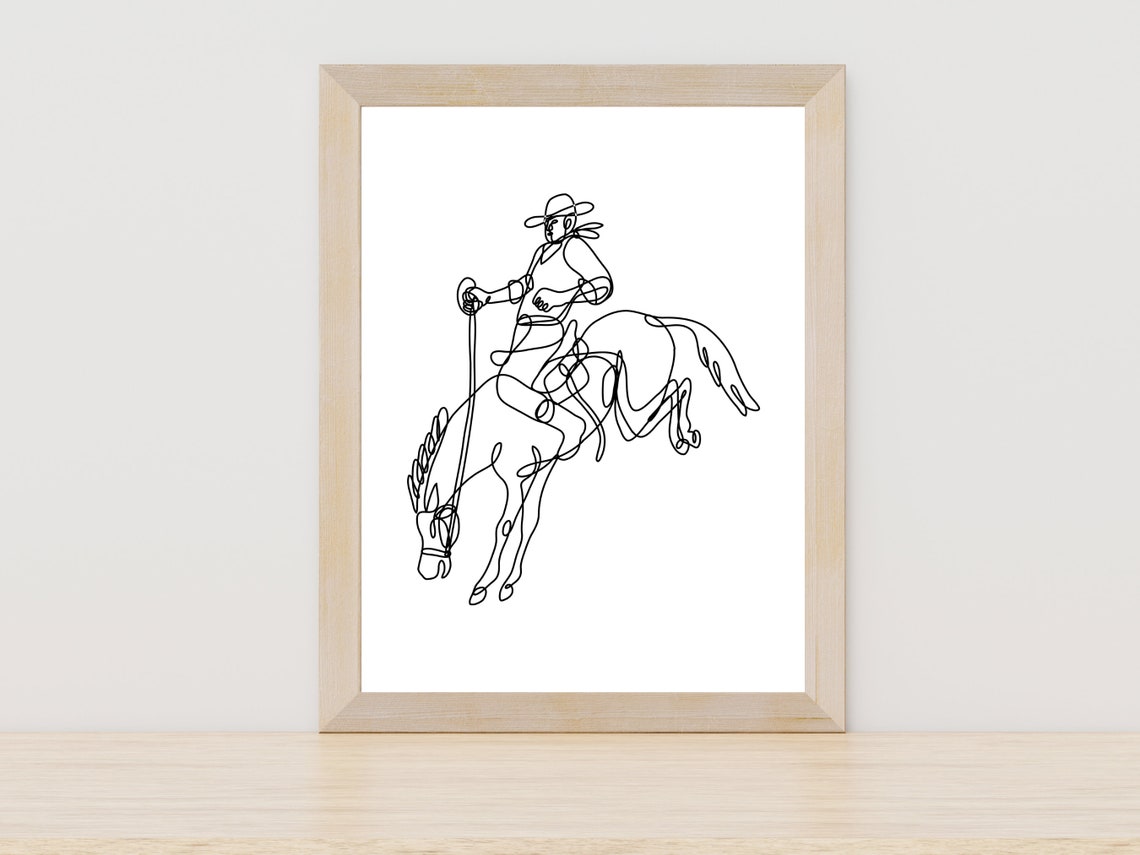 Cowboy Riding Horse Continuous One Line Art Western Rodeo Poster