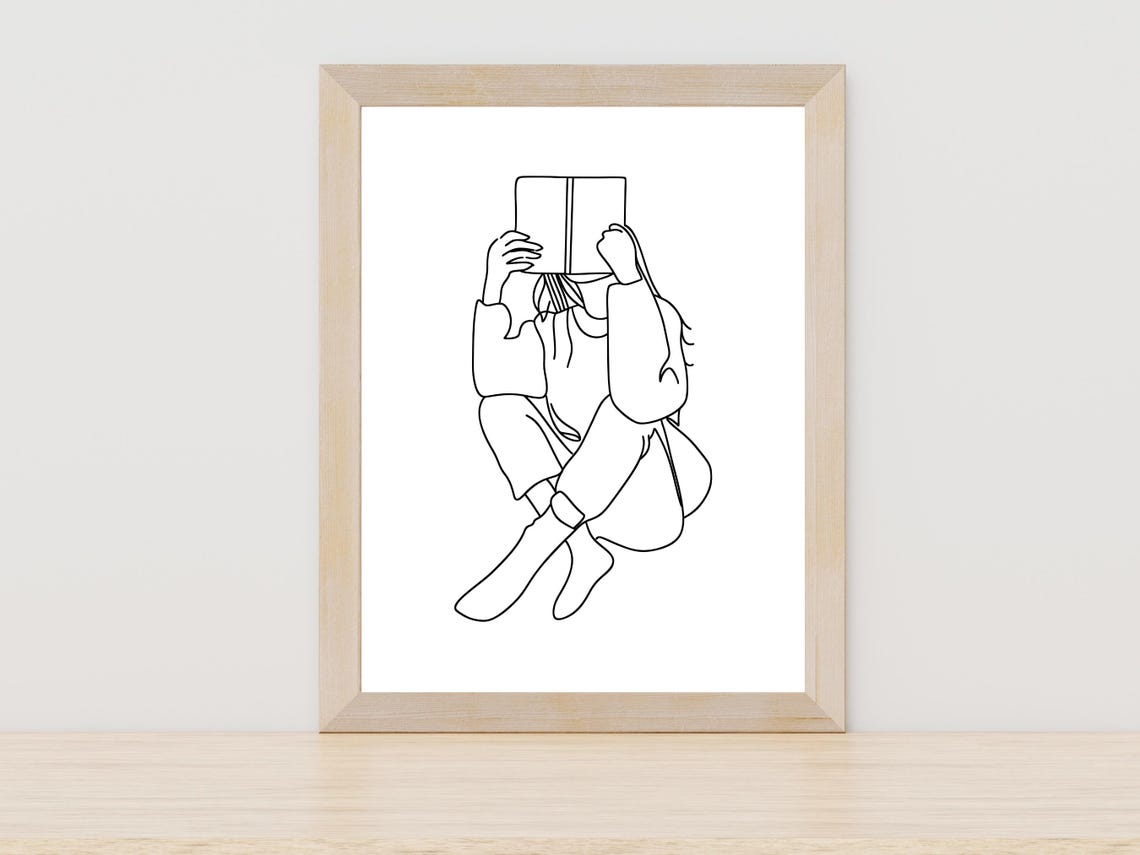 Woman Reading Book Covering Face Cozy Reader Line Art Poster