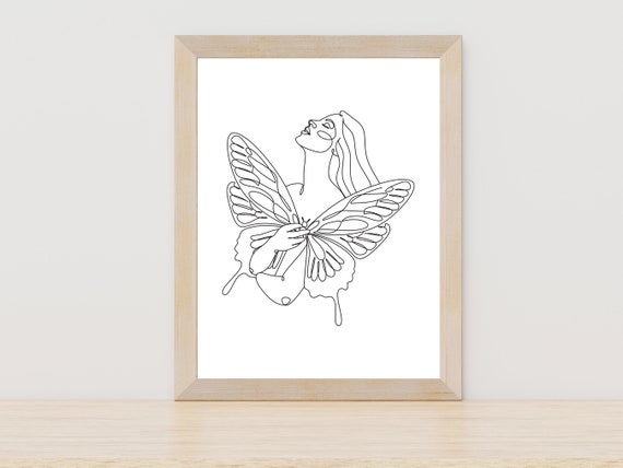 Woman With Butterfly Line Art Butterfly Wall Art Minimalist Decor Female Line Art Feminist Line Art Black And White Decor Female Art