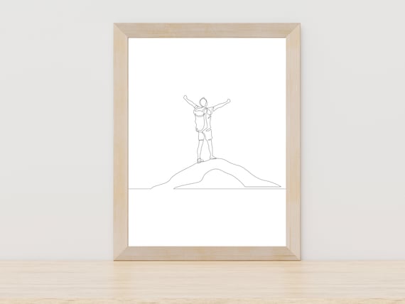 Hiker Mountain Top One Line Art Adventure Hiking Gift Wall Art