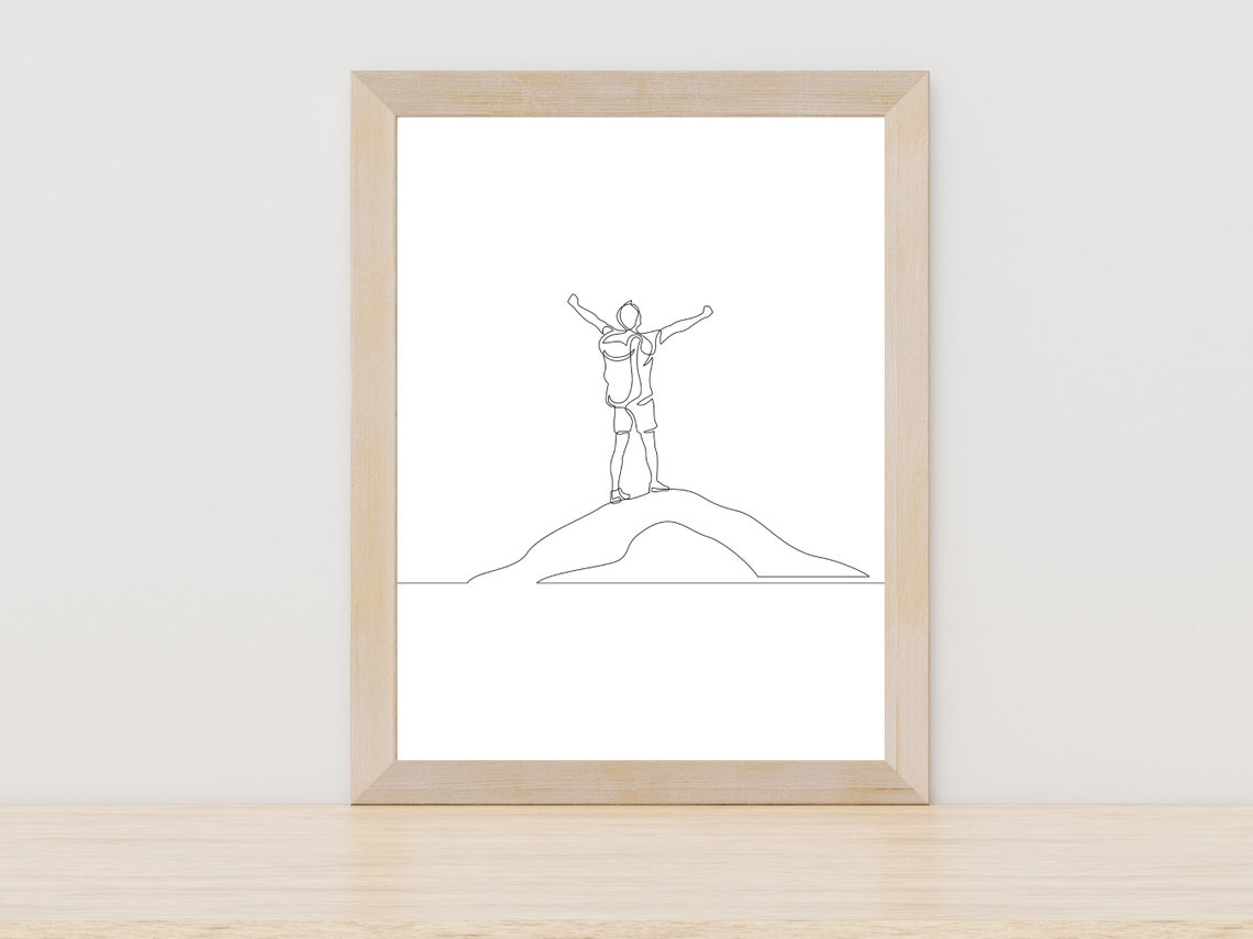 Hiker Mountain Top One Line Art Adventure Hiking Gift Wall Art