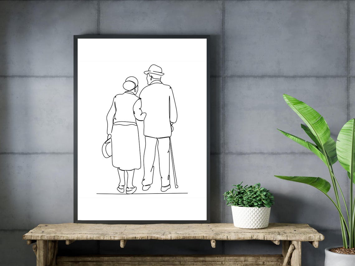 Elderly Couple Walking Arm In Arm Tender Line Art Love Poster - Image 3