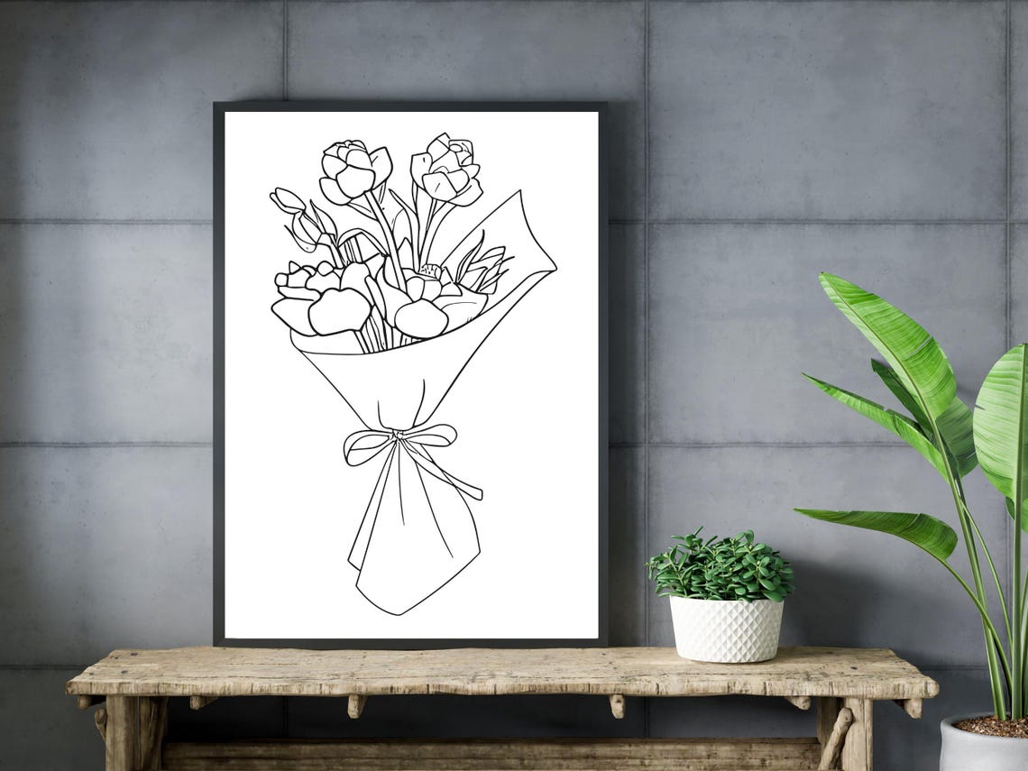 Minimalist Flower Bouquet Line Art Drawing Black White Poster - Image 3