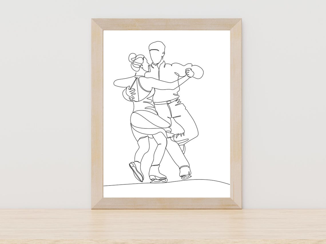 Ice Dancing Couple Embrace Elegant Minimalist Line Art Sport Poster