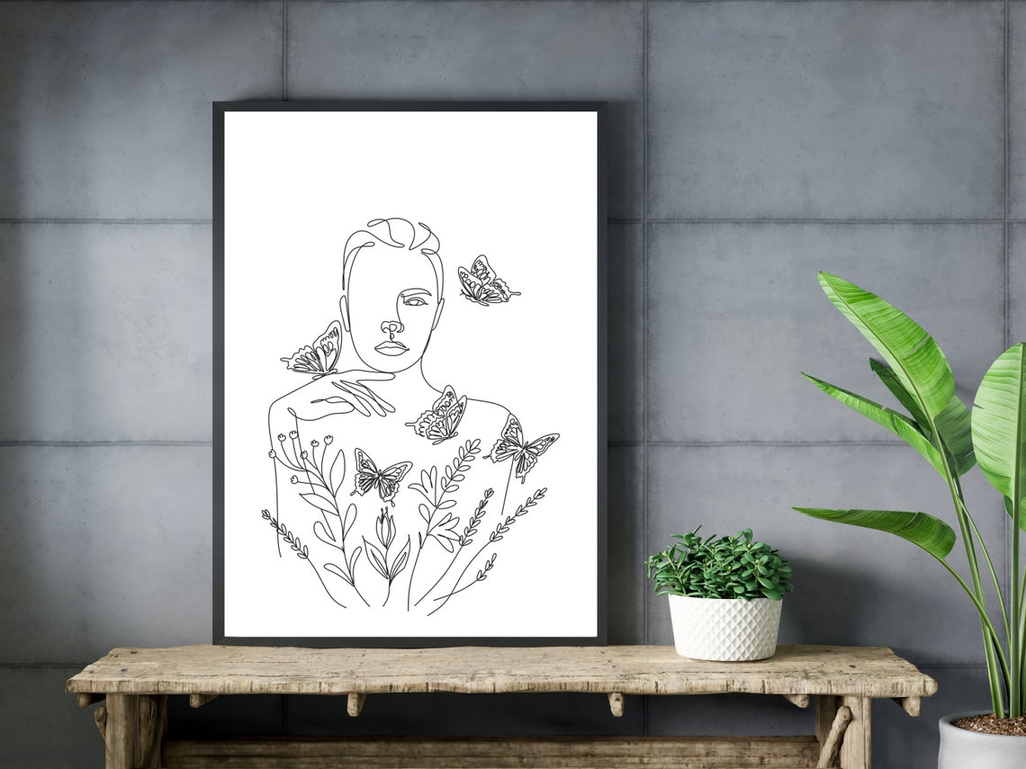 Floral Woman Line Art Woman With Butterflies Line Art Female Body Line Art Minimalist Floral Poster Floral Woman Line Art Woman Line Art - Image 3