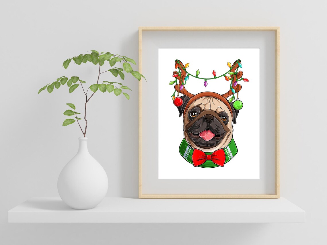 Christmas Pug Painting Reindeer Antlers Holiday Dog Gift Wall Art - Image 2