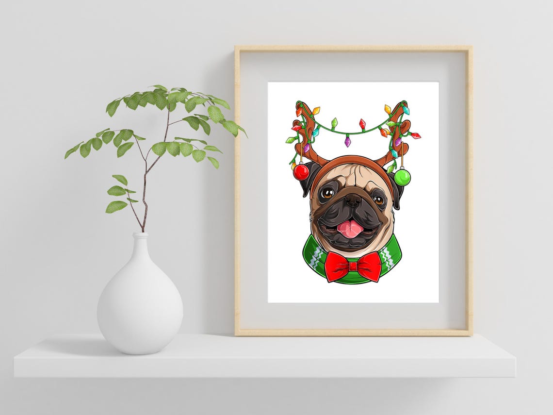Pug Christmas Painting Holiday Dog Art Christmas Dog Illustration Pug Art Print Festive Pug Print Christmas Pug Art Holiday Pug Decor - Image 2