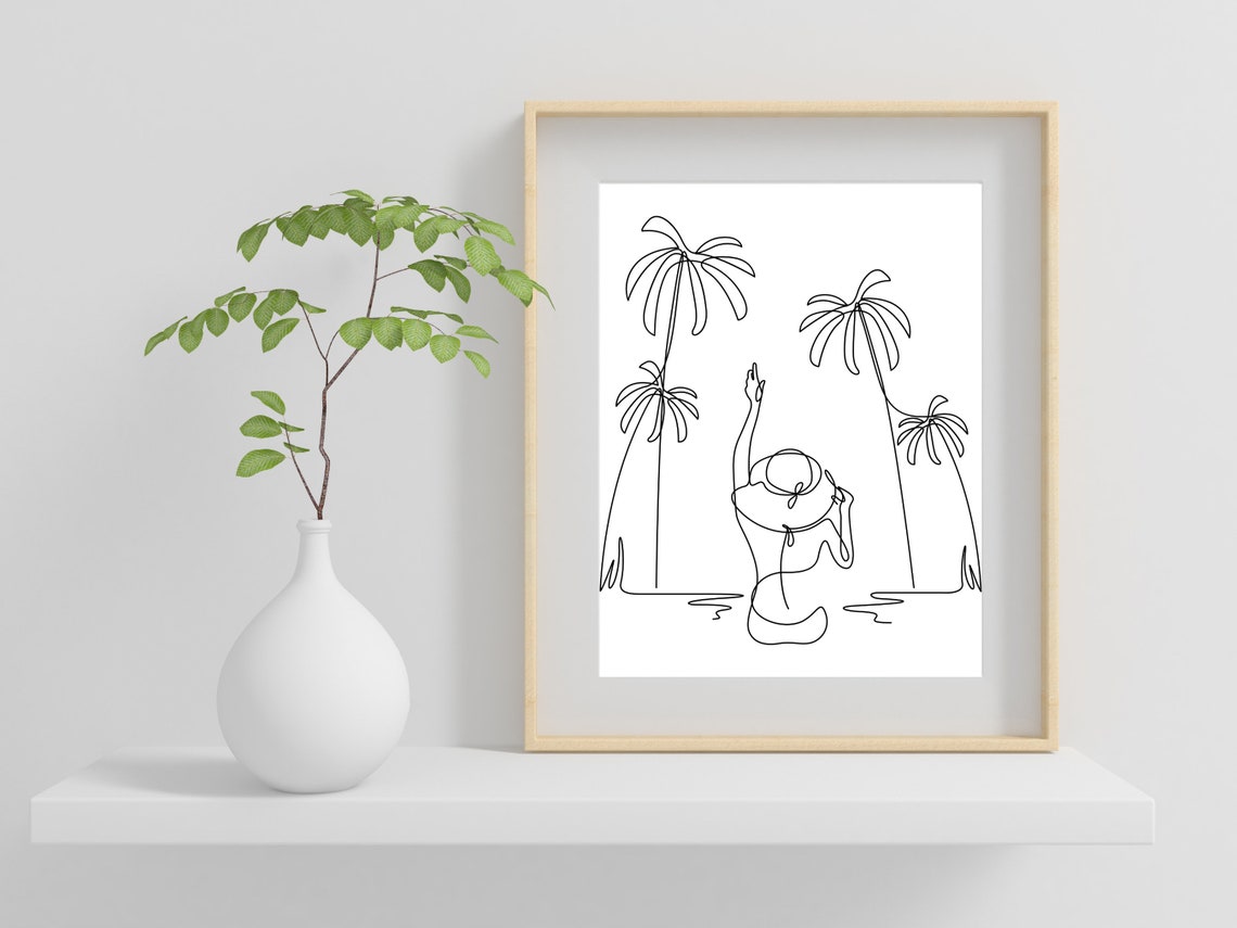 Woman Among Palm Trees Tropical Paradise Minimalist Line Art Poster - Image 2