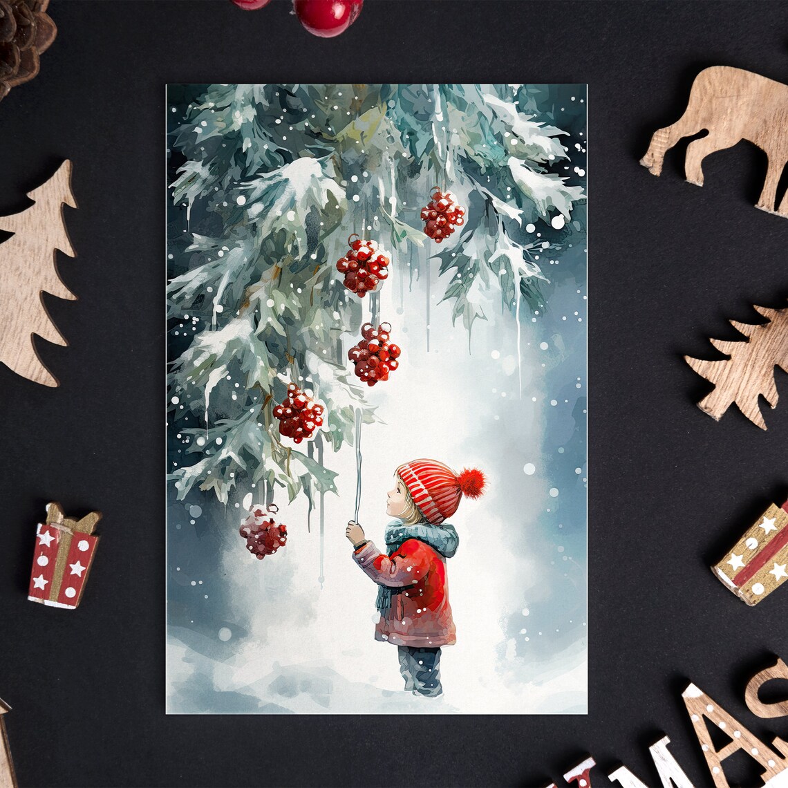 Snowy Winter Child Hanging Red Berry Ornaments Christmas Poster - Image 4