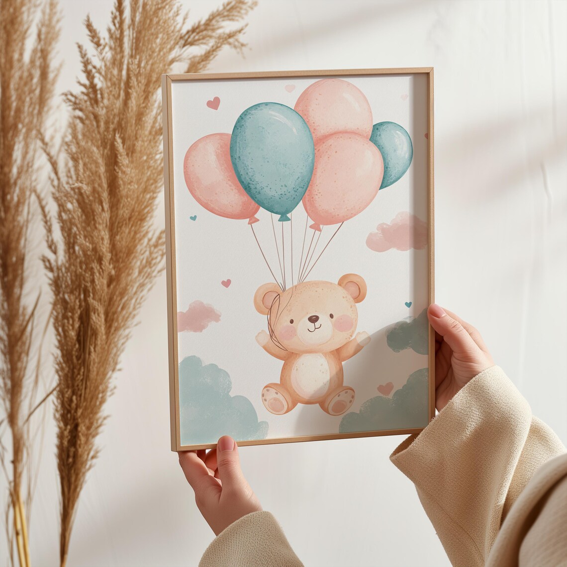 Teddy Bear Floating Pink Teal Balloons Watercolor Nursery Poster Baby Decor - Image 7