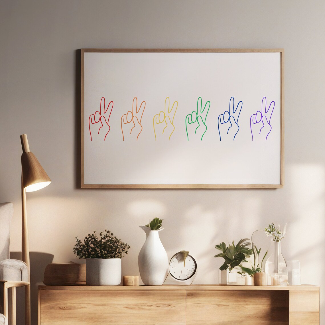 Rainbow Peace Sign Hands Line Art Colorful Minimalist Poster - Image 3