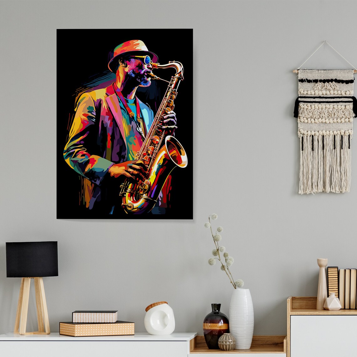 Colorful Pop Art Saxophonist With Hat Sunglasses Black Poster - Image 2