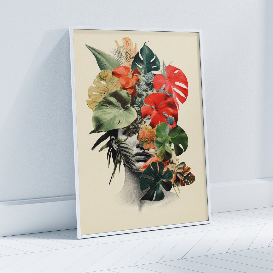 Tropical Monstera Leaves Woman Face Botanical Collage Poster - Image 5