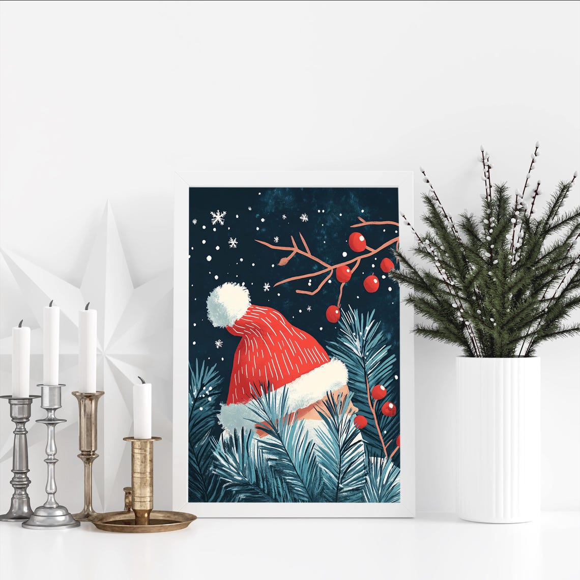 Retro Christmas Santa Hat Pine Berries Snowflakes Holiday Poster - Image 4