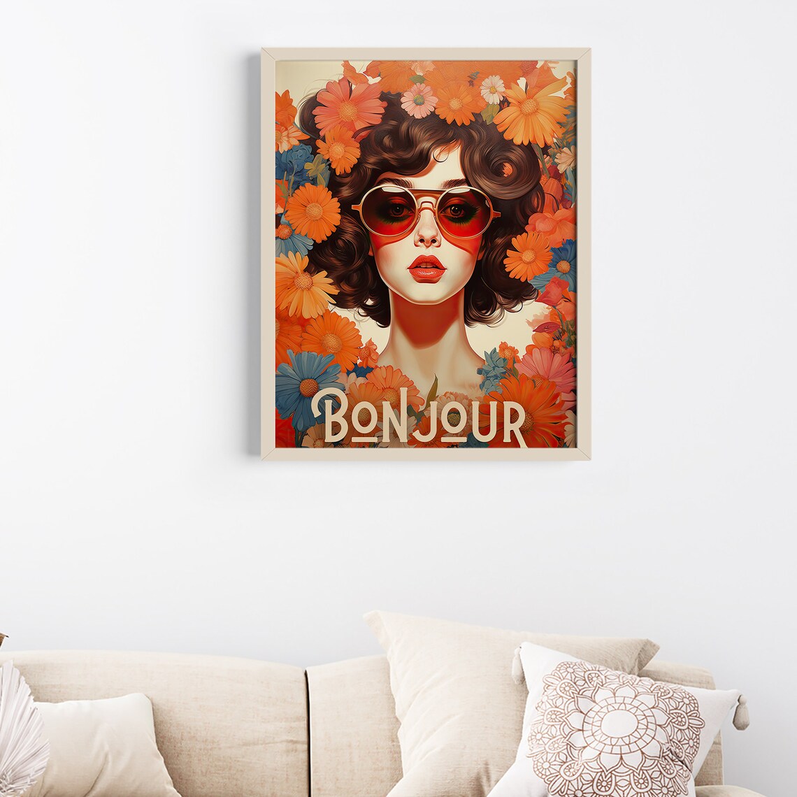 Bonjour French Retro Woman with Sunglasses Floral Pop Art Poster - Image 7