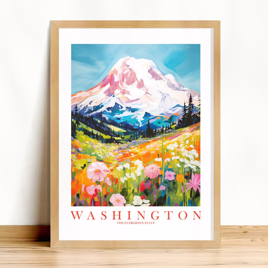 Washington Travel Poster, Retro Mountain Landscape Print