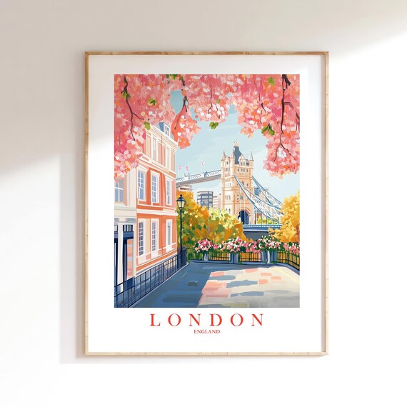 London Tower Bridge Cherry Blossom Spring Street Travel Poster