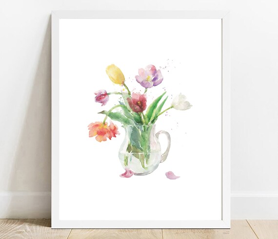 Colorful Tulip Watercolor Bouquet in Glass Pitcher Spring Flower Poster