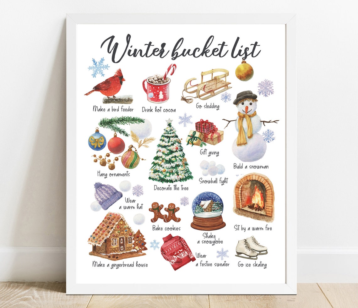 Winter Bucket List Watercolor Illustrated Christmas Activities Poster