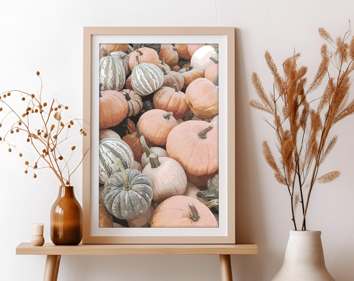 Pastel Pumpkin And Gourd Harvest Pile Blush Pink Fall Art Poster