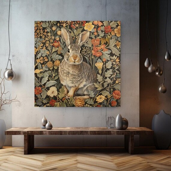William Morris Style Bunny Rabbit Floral Vines Vintage Animal Art Print