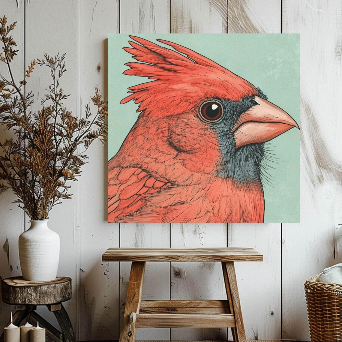 Red Cardinal Bird Portrait Mint Green Background Detailed Art Poster