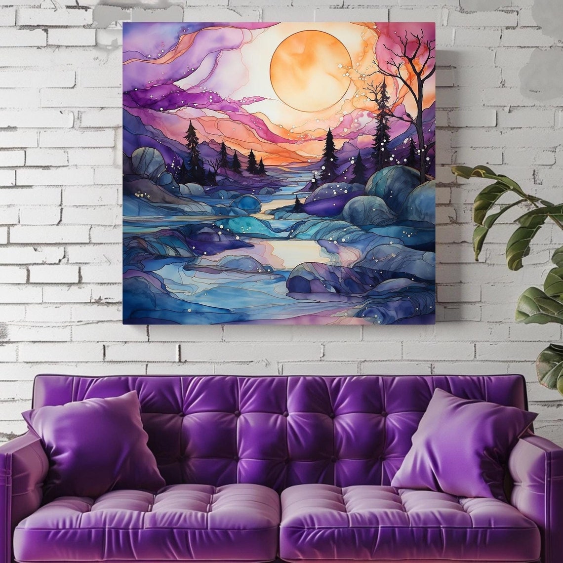 Mystical Sunrise Alcohol Ink Purple River Valley Pine Forest Art Print