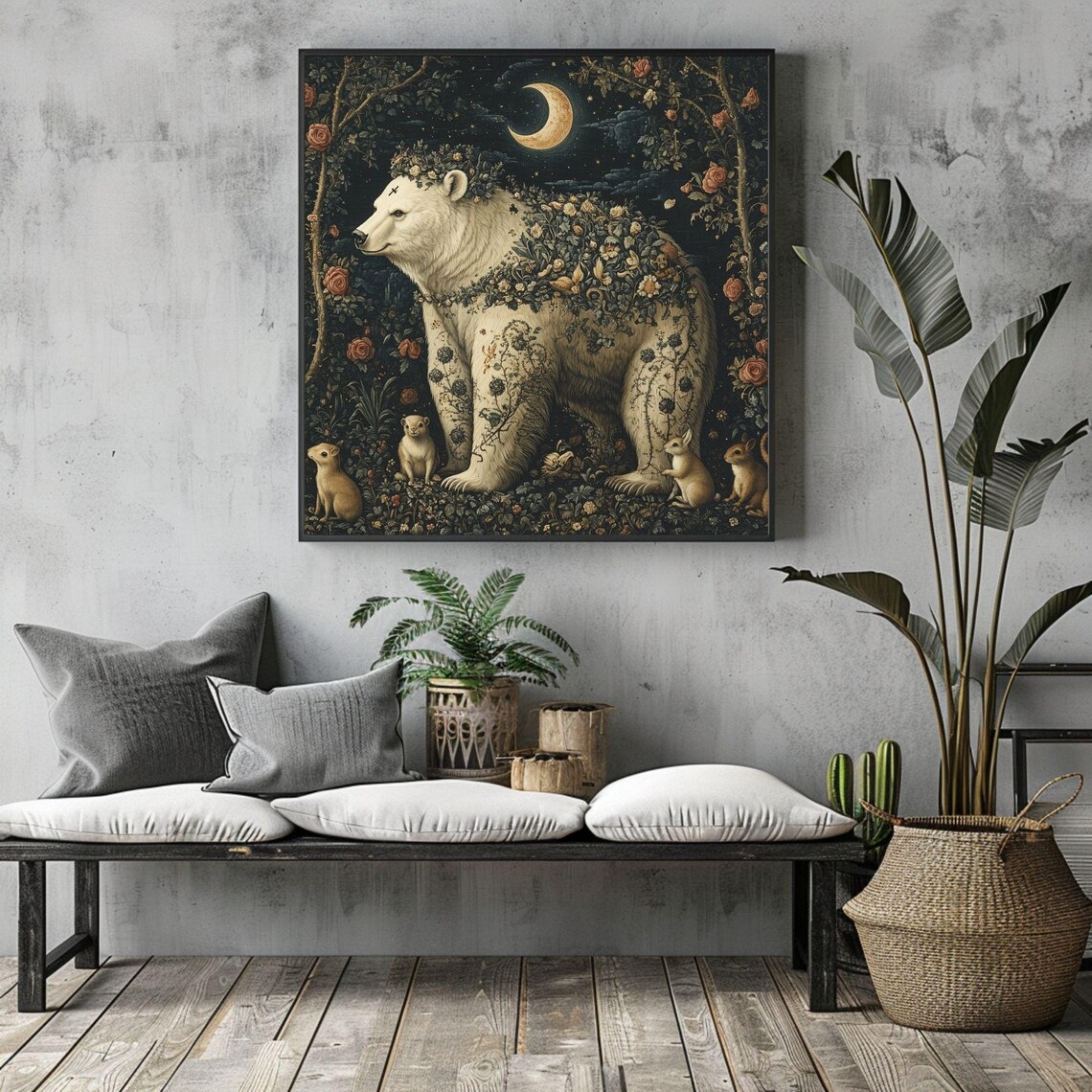 Medieval White Bear Floral Crescent Moon Woodland Animals Tapestry Poster