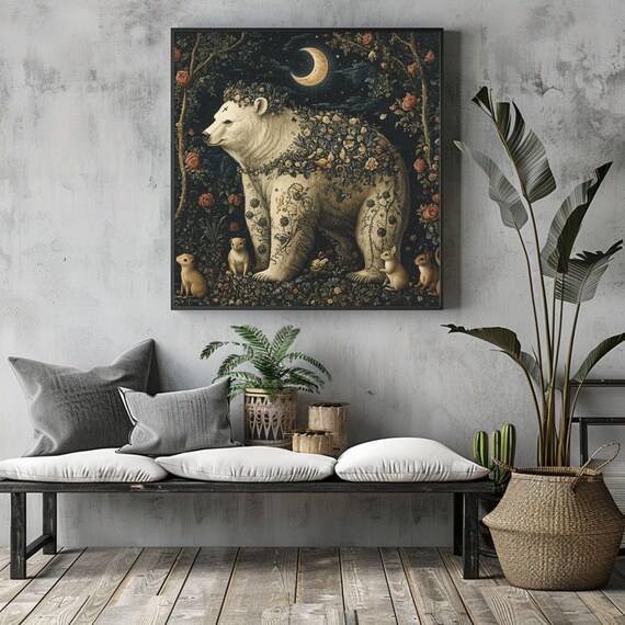 Medieval White Bear Floral Crescent Moon Woodland Animals Tapestry Poster