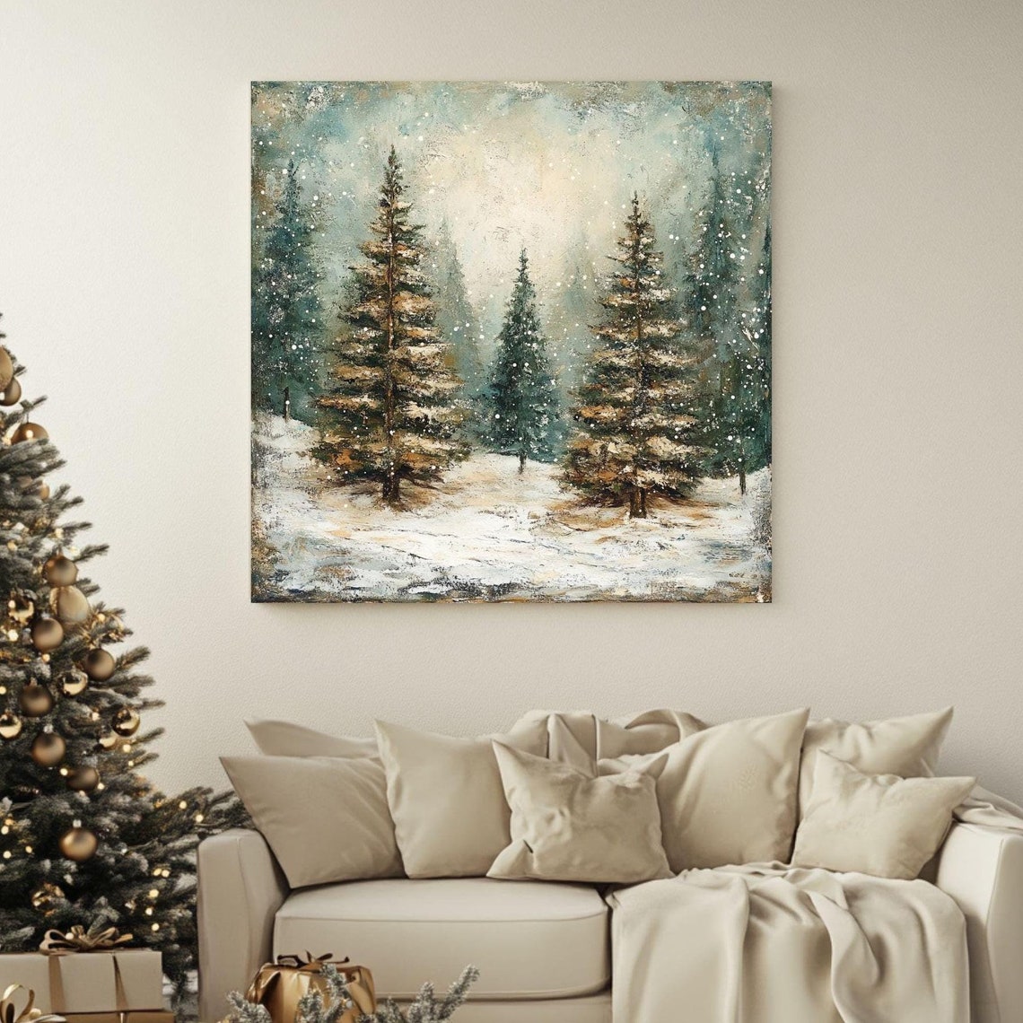 Vintage Snowy Pine Forest Textured Brushwork Winter Art Poster