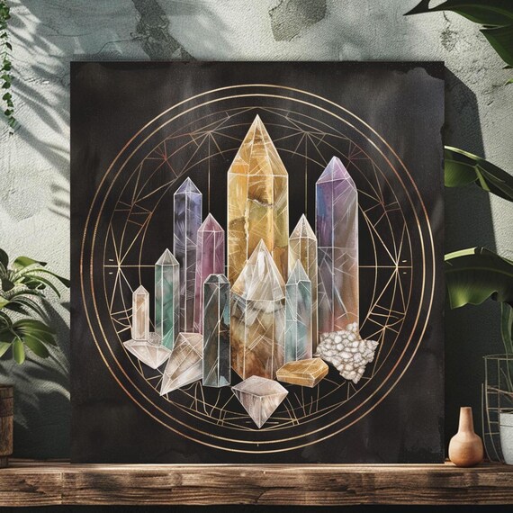 Crystal Grid Sacred Geometry Gold Circle Watercolor Crystals Wall Poster