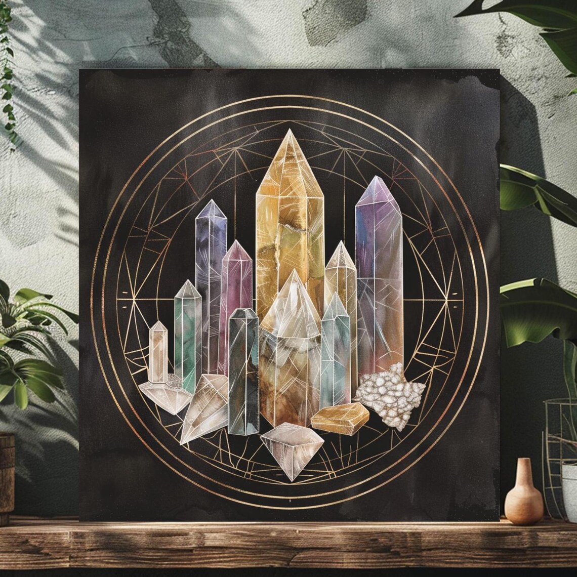 Crystal Grid Sacred Geometry Gold Circle Watercolor Crystals Wall Poster
