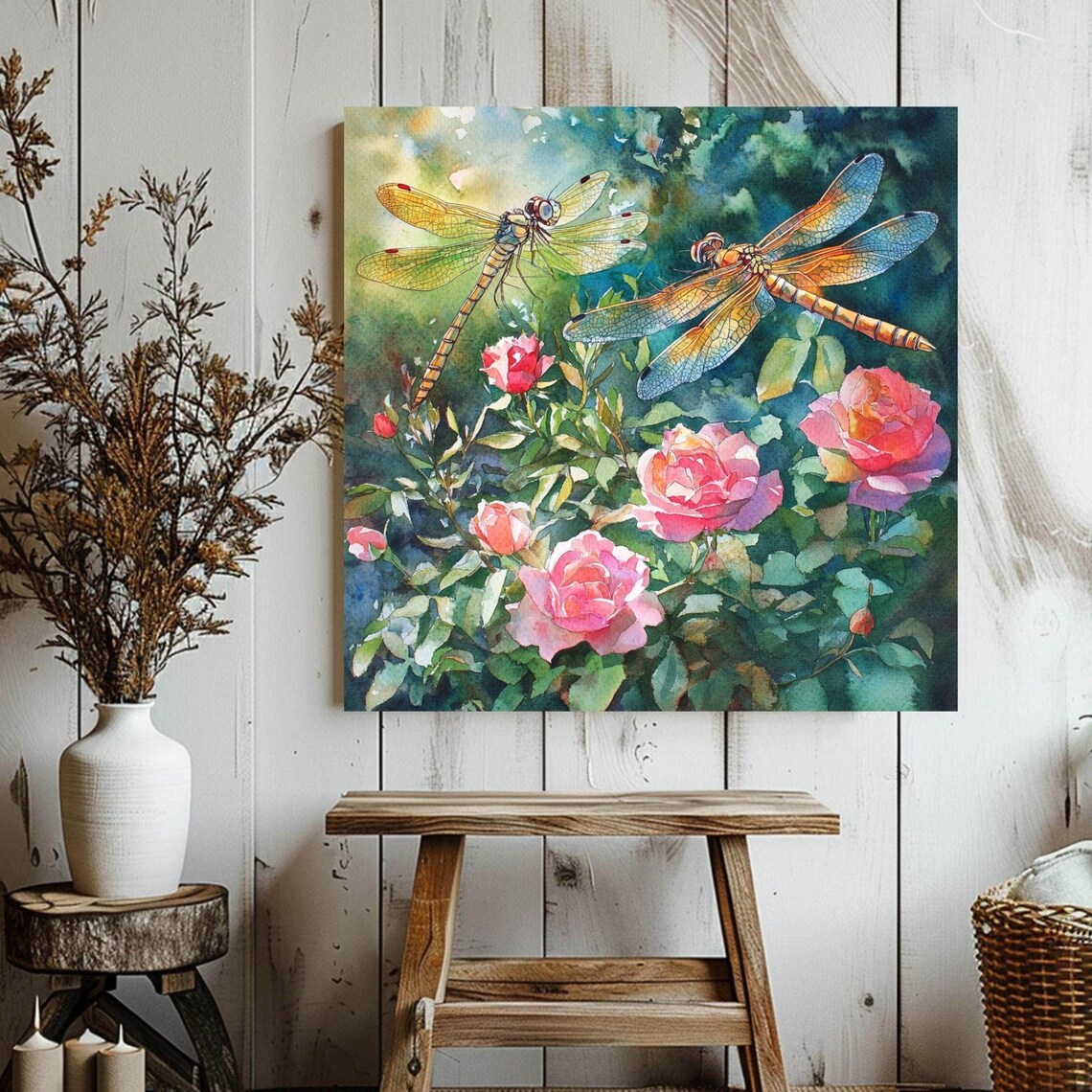 Dragonflies Over Pink Roses Watercolor Floral Insect Botanical Poster