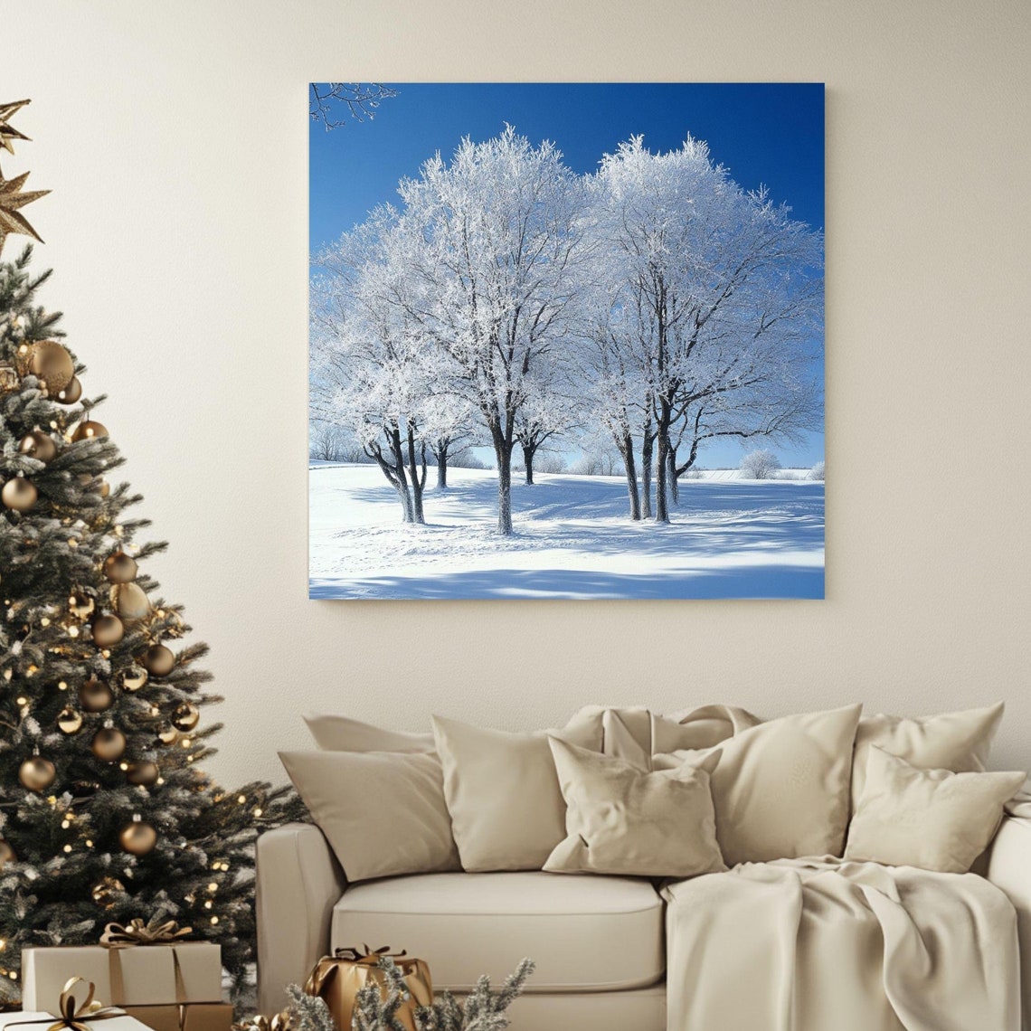 Frost Covered White Winter Trees Snowy Blue Sky Nature Poster
