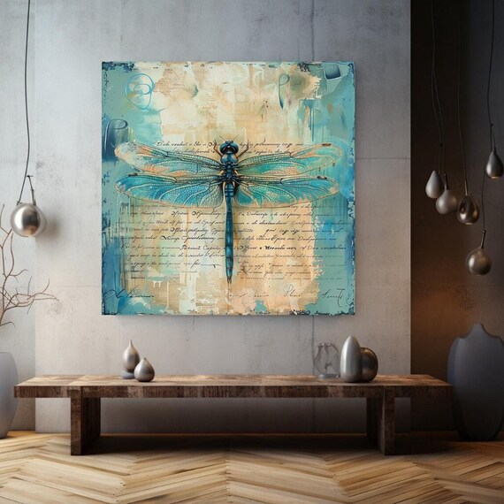 Vintage Teal Dragonfly Wall Art Black Framed Wall Art Dragonfly Wall Art Teal Home Decor Insect Wall Art Ready To Hang Decor