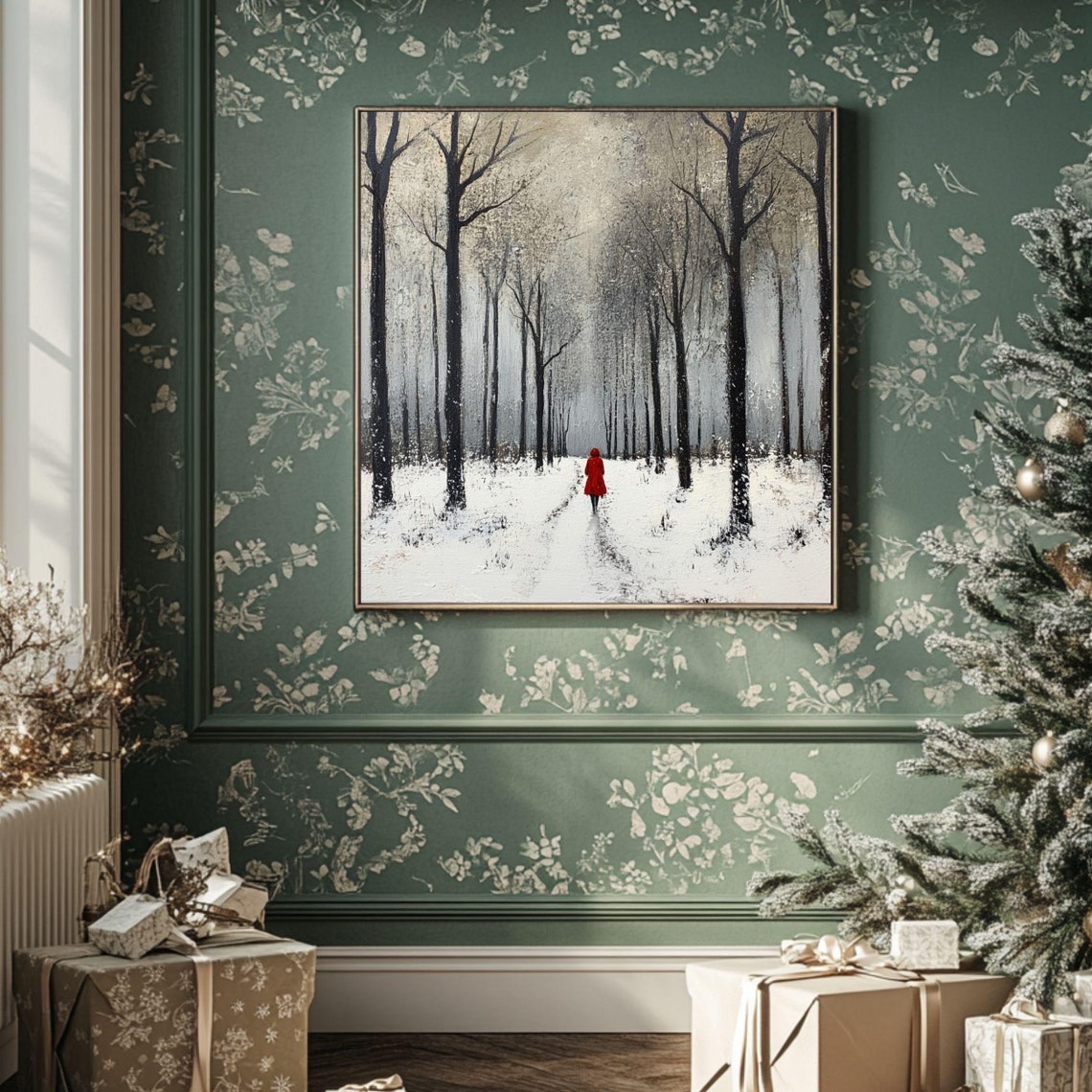 Winter Forest Red Coat Figure Snowy Path Moody Trees Landscape Poster