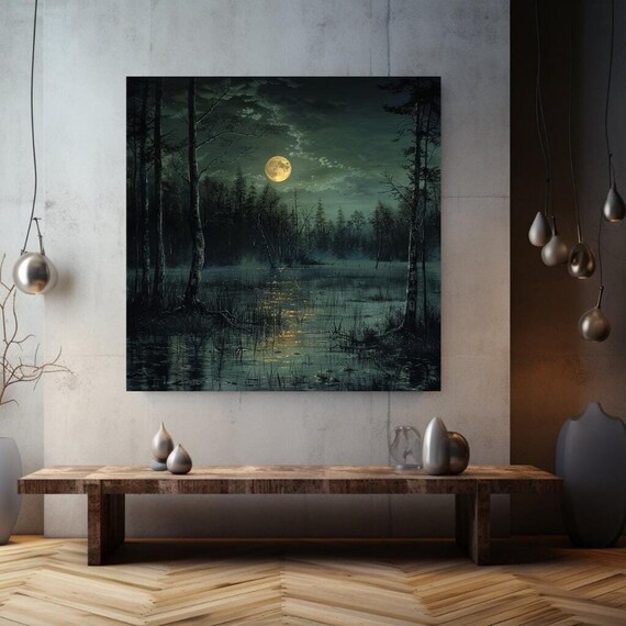 Spooky Swamp Print Dark Cottagecore Halloween Artwork Moody Scenery Art Gift For Halloween Full Moon Art