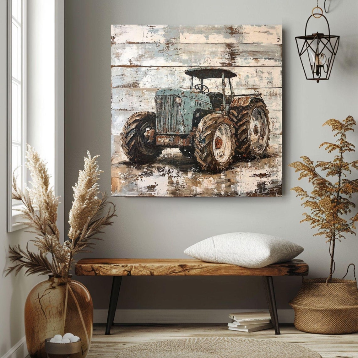 Vintage Teal Tractor Distressed Wood Rustic Farm Painting Poster