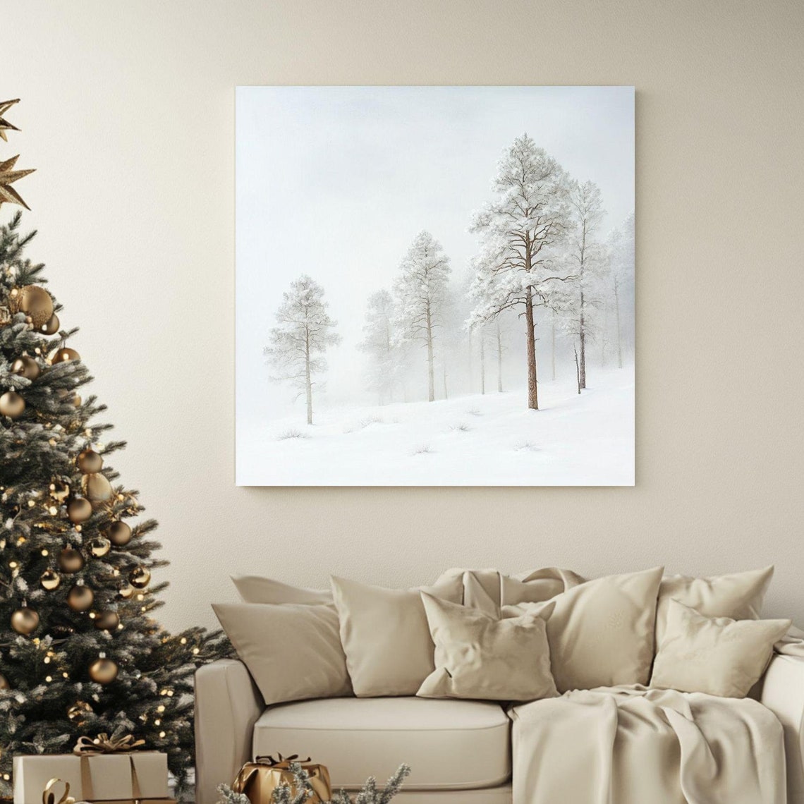 Minimalist White Winter Trees Foggy Snow Serene Nature Poster