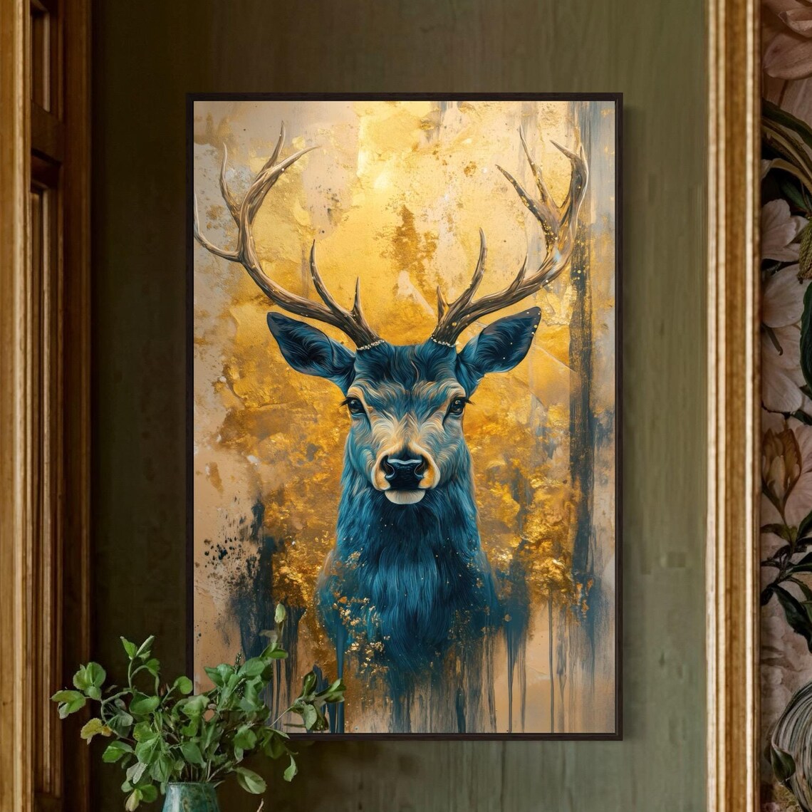 Blue Deer Art Print, Golden Background Rustic Poster