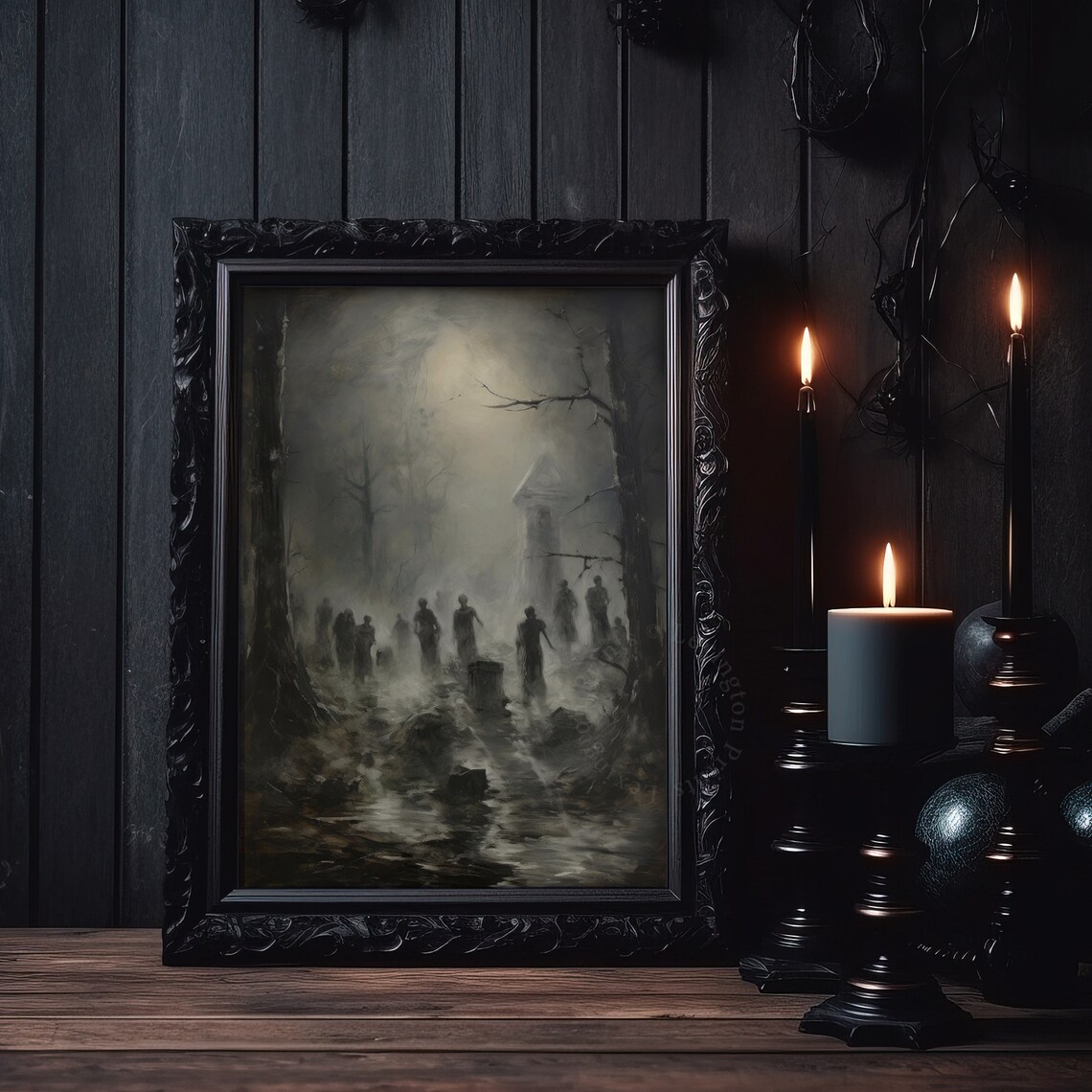 Ghostly Figures In Foggy Graveyard Misty Monastery Dark Gothic Painting Poster - Image 6