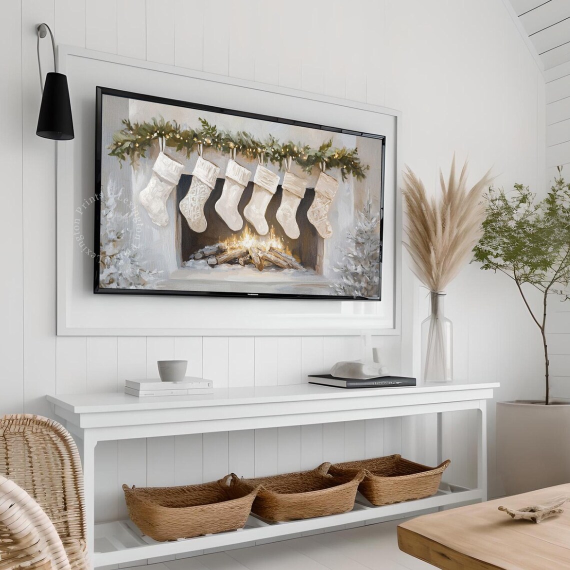 White Christmas Stockings Fireplace Mantel Neutral Holiday TV Poster - Image 3
