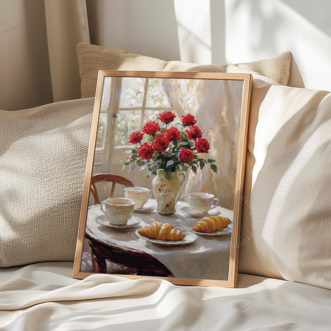 Red Roses and Croissants Breakfast Table by Sunny Window Art Print - Image 8